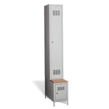 #03 STANDARD 1 PLUS – Armadio spogliatoio a 1+1 ante a tutta altezza, con panca integrata e scarpiera, RAL 7035