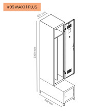 #03 MAXI 1 PLUS – Armadio spogliatoio a 1+1 ante con divisorio, panca integrata e scarpiera