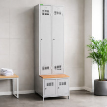 #03 STANDARD 2 PLUS – Armadio spogliatoio a 2+2 ante con ante lunghe, panca integrata e scarpiera, RAL 7035