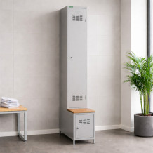 #03 STANDARD 1 PLUS – Armadio spogliatoio a 1+1 ante a tutta altezza, con panca integrata e scarpiera, RAL 7016