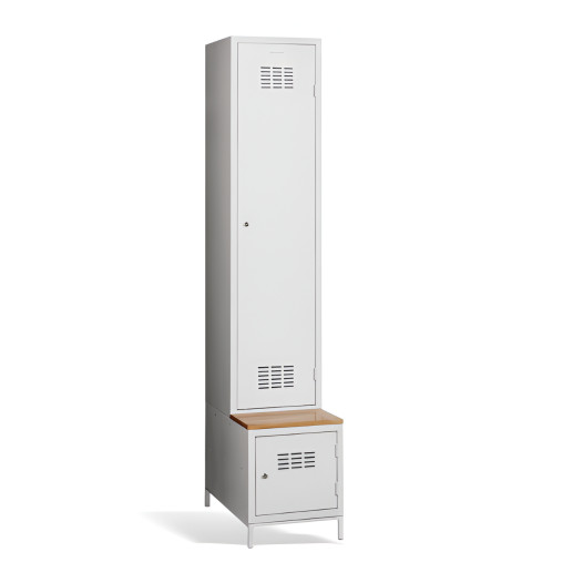 #03 MAXI 1 PLUS – Armadio spogliatoio a 1+1 ante con divisorio, panca integrata e scarpiera, RAL 7035