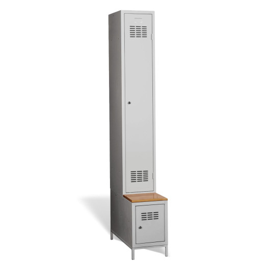 #03 STANDARD 1 PLUS – Armadio spogliatoio a 1+1 ante a tutta altezza, con panca integrata e scarpiera, RAL 7035
