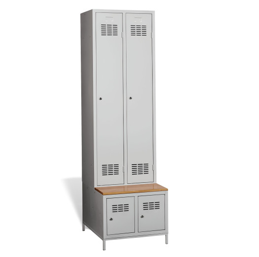 #03 STANDARD 2 PLUS – Armadio spogliatoio a 2+2 ante con ante lunghe, panca integrata e scarpiera, RAL 7035